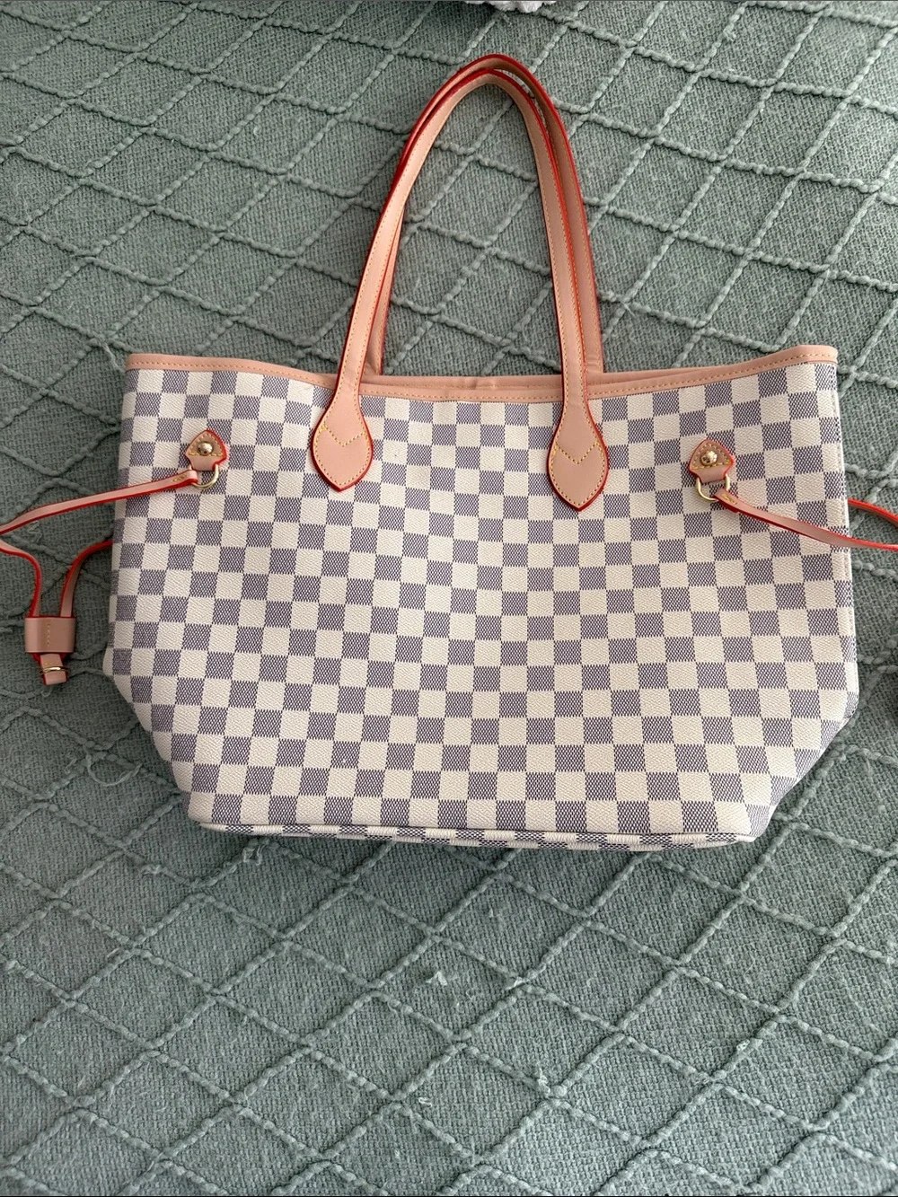 Beige Check Canvas Tote with Pink Trim